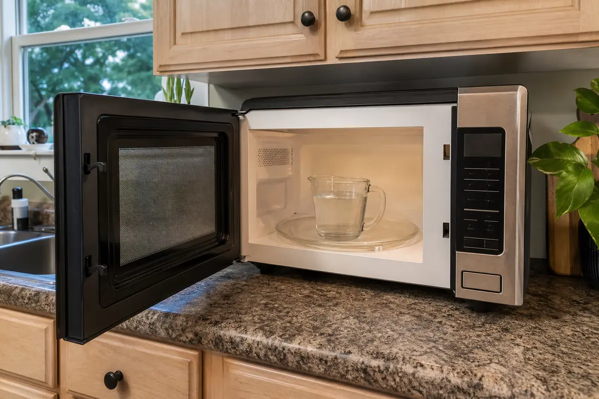 Cup of water in a microwave for a short check that separates fan noise from continued heating