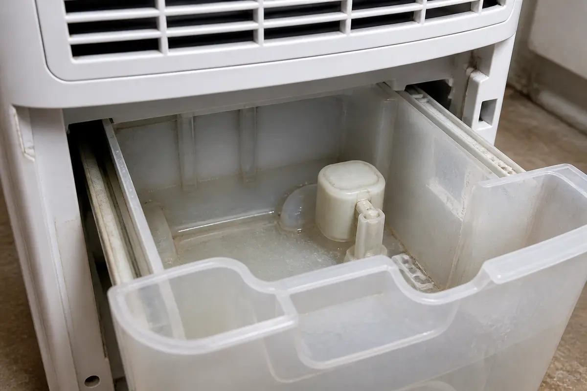 Dehumidifier bucket bay with float area exposed for switch checks