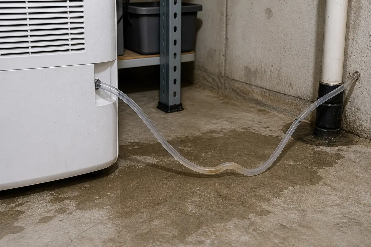 Midea dehumidifier drain hose with a raised bend that can back water toward the bucket sensor