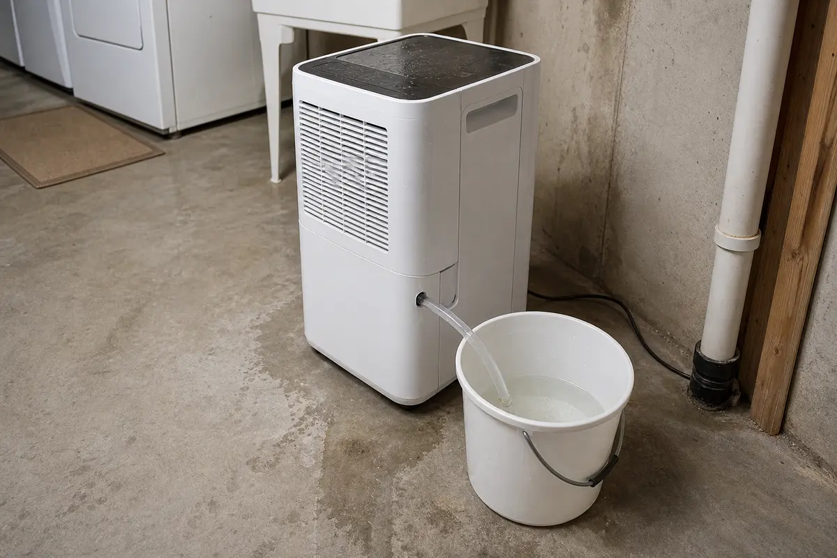 Midea dehumidifier running a short hose drain test into a small bucket