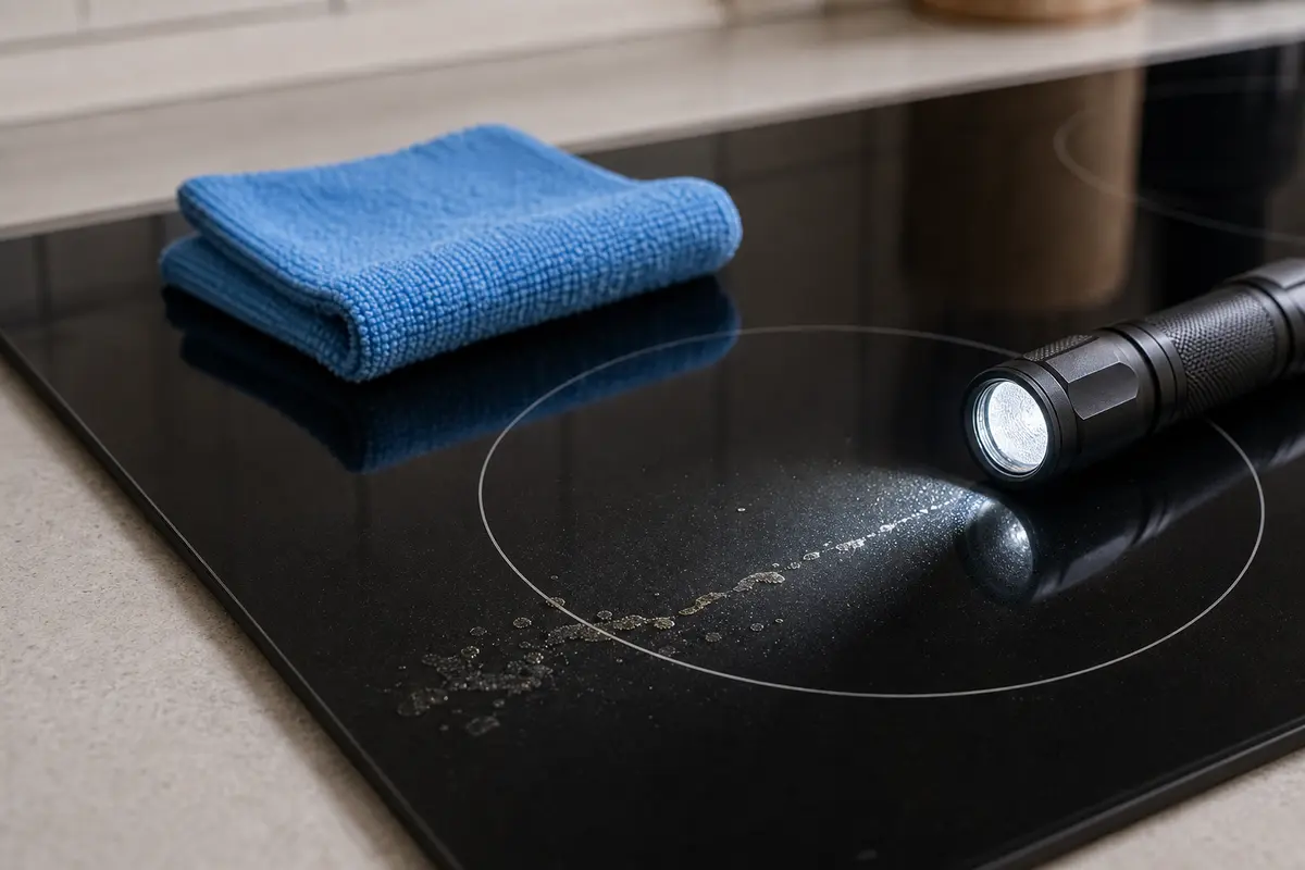 Cooktop glass viewed at a low angle with dried spill residue near an induction zone