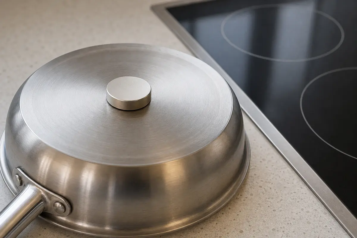 Magnet held to the bottom of a stainless pan for induction cookware testing
