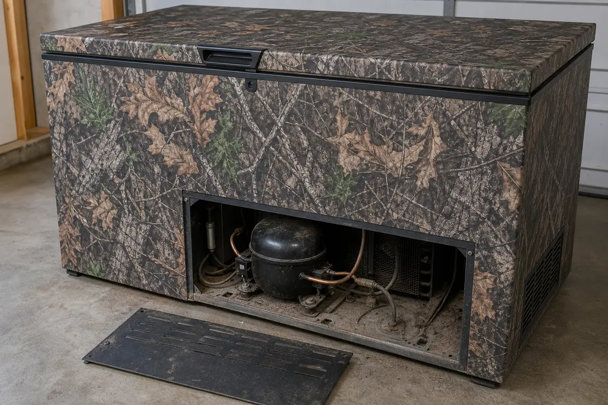 Mossy Oak camo chest freezer with lower compressor access panel removed for startup checks