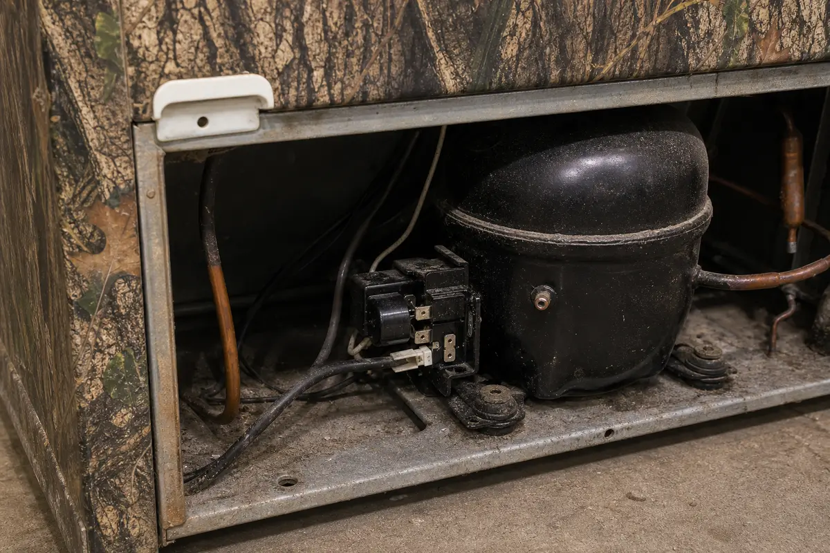 Mossy Oak camo chest freezer compressor relay and overload area checked after unplugging