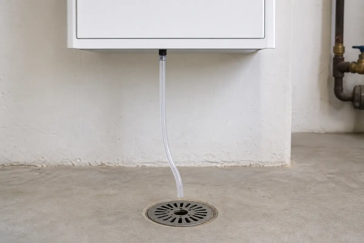 Single condensate tube descending from a closed condensing tankless heater to a floor drain with an air gap