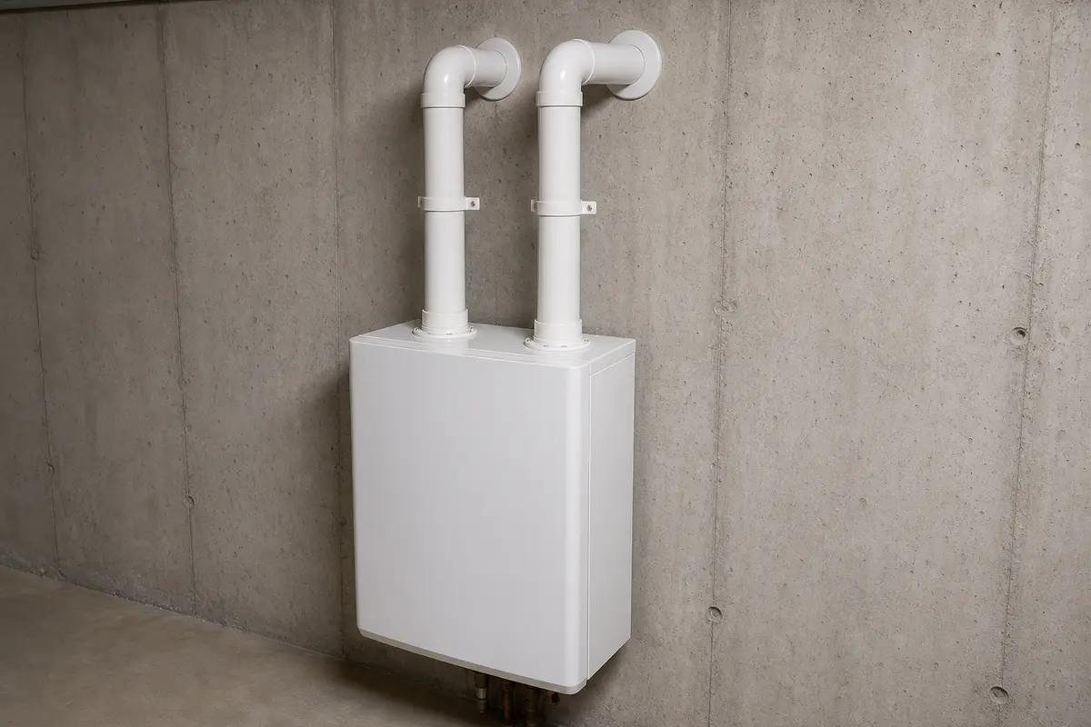 Closed condensing tankless water heater with two separate PVC pipes rising from the top collars to side-by-side wall penetrations