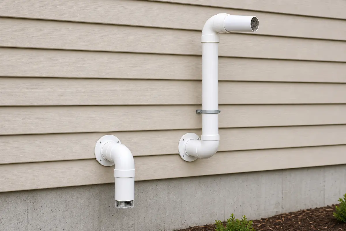 White PVC two-pipe snorkel termination with a screened intake facing down and a taller screened exhaust riser terminating outward