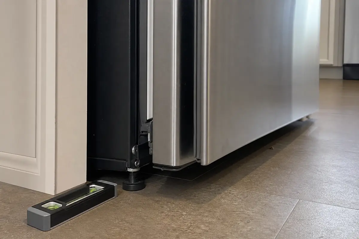 Refrigerator front leveling foot and door gap checked with a small level near the floor
