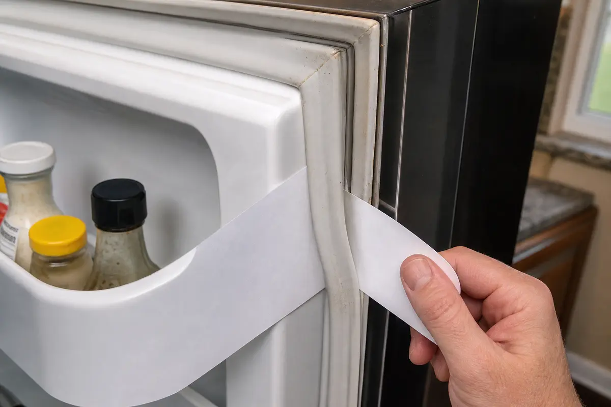 Paper strip held in a refrigerator door gasket to test whether the seal grabs evenly
