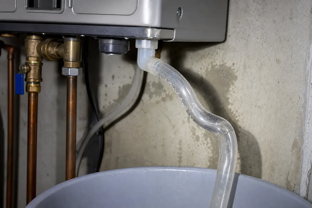 Tankless water heater condensate drain path checked for backup during Rheem code 29 troubleshooting