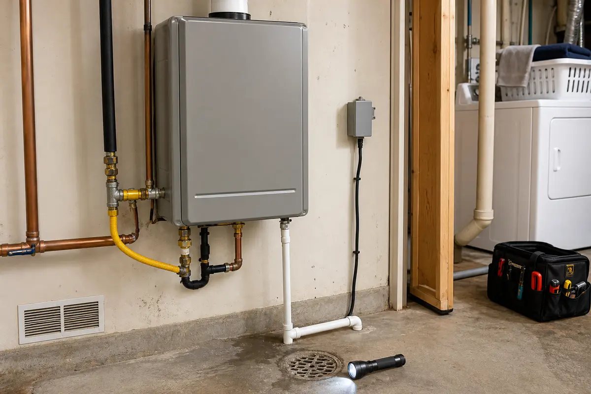 Tankless water heater cabinet and lower drain area checked during Rheem code 29 troubleshooting