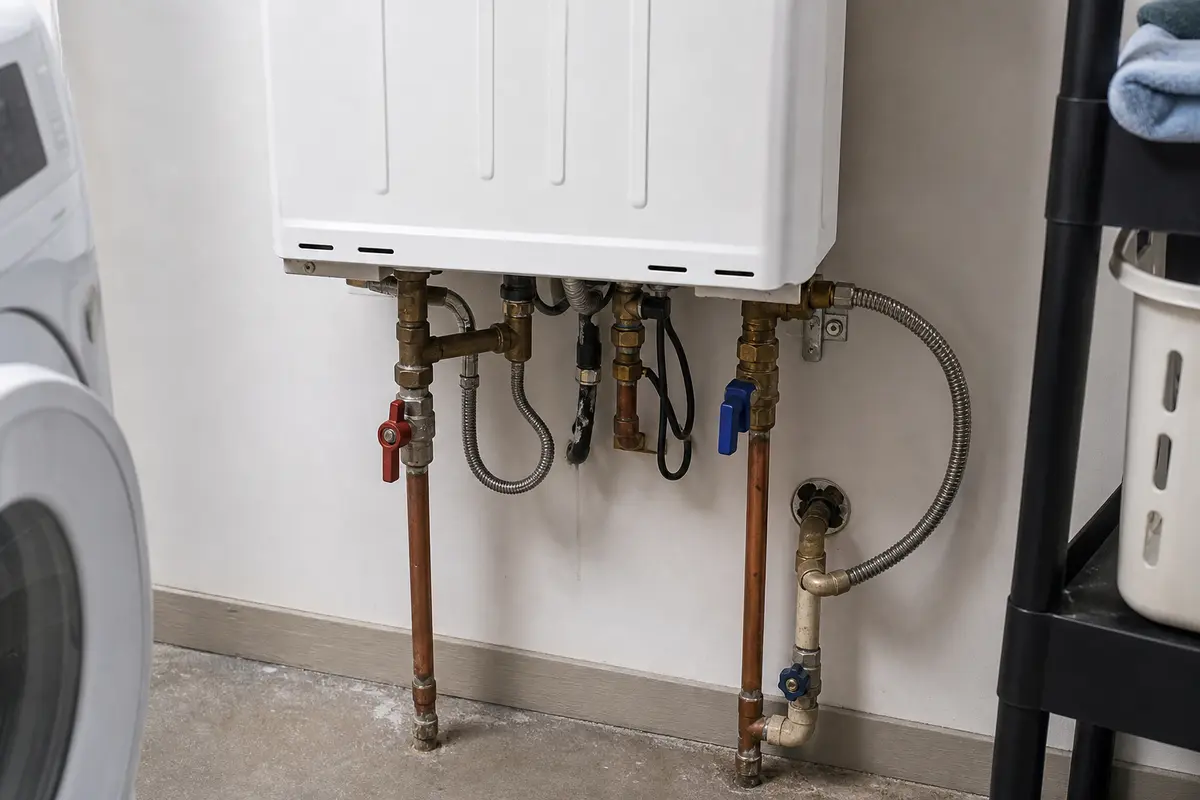 Rinnai tankless water heater code 63 service valves and water piping below the unit