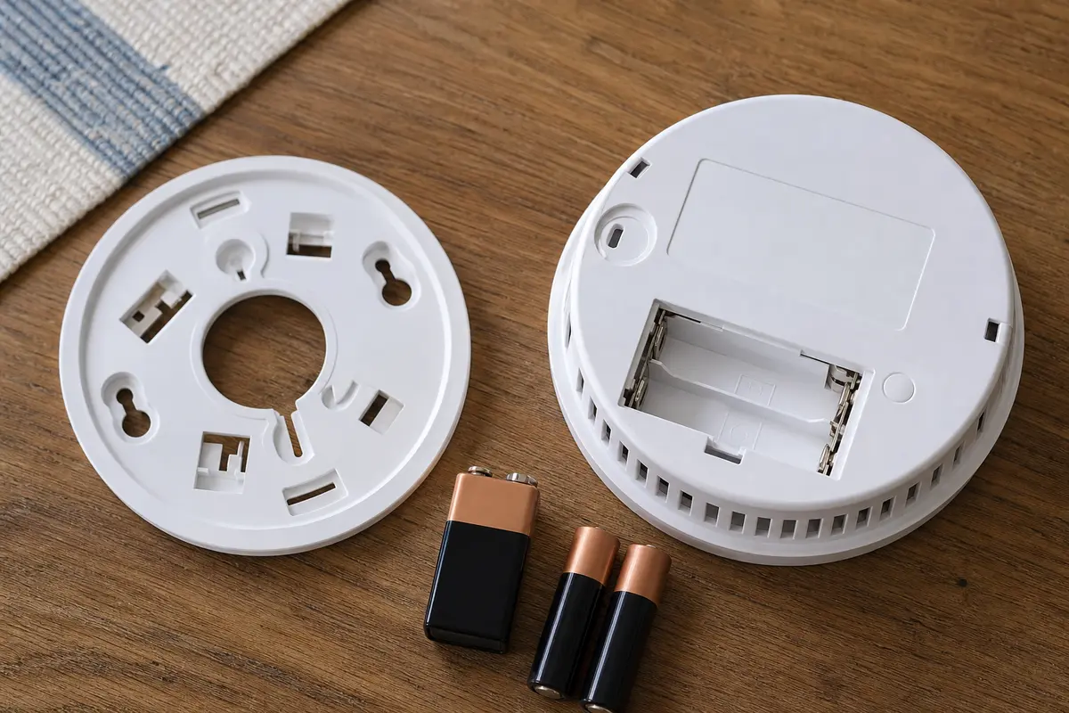 Smoke detector battery compartment and date label checked on a work surface