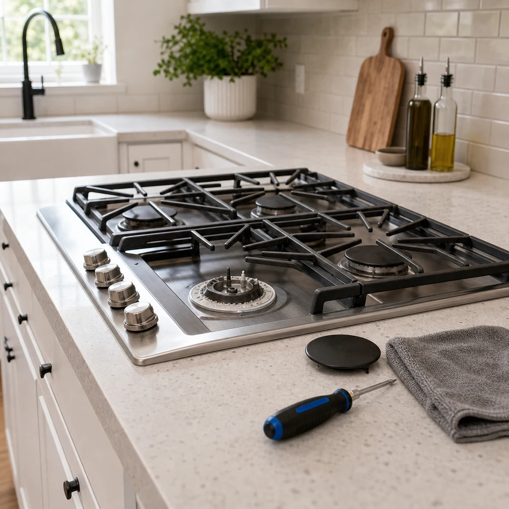 Thermomate-style gas cooktop burner opened for cap, port, and spark igniter inspection