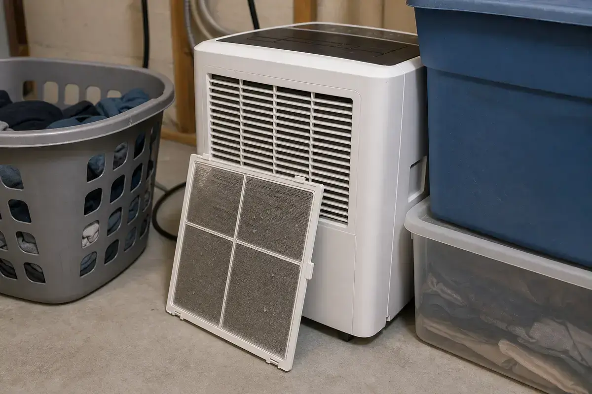 Dehumidifier filter and intake area checked for blocked airflow before thawing ice