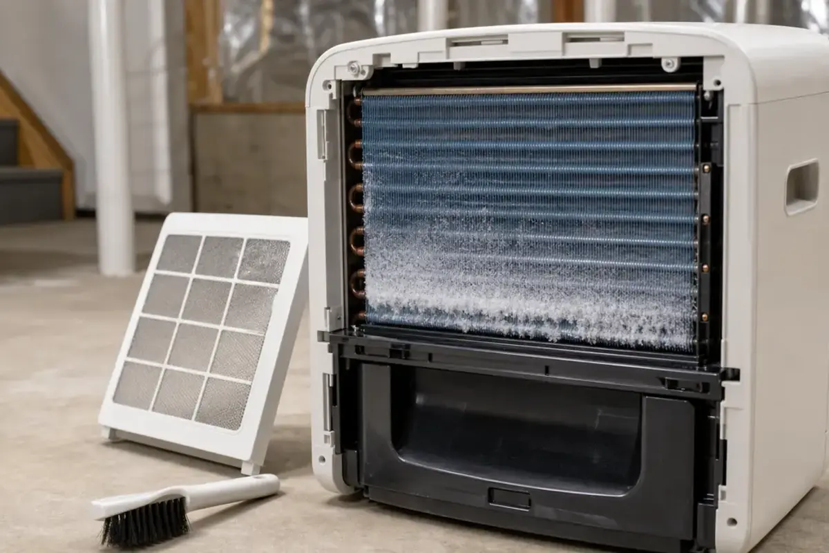 Toshiba style dehumidifier with frost on the front coil after airflow and temperature checks