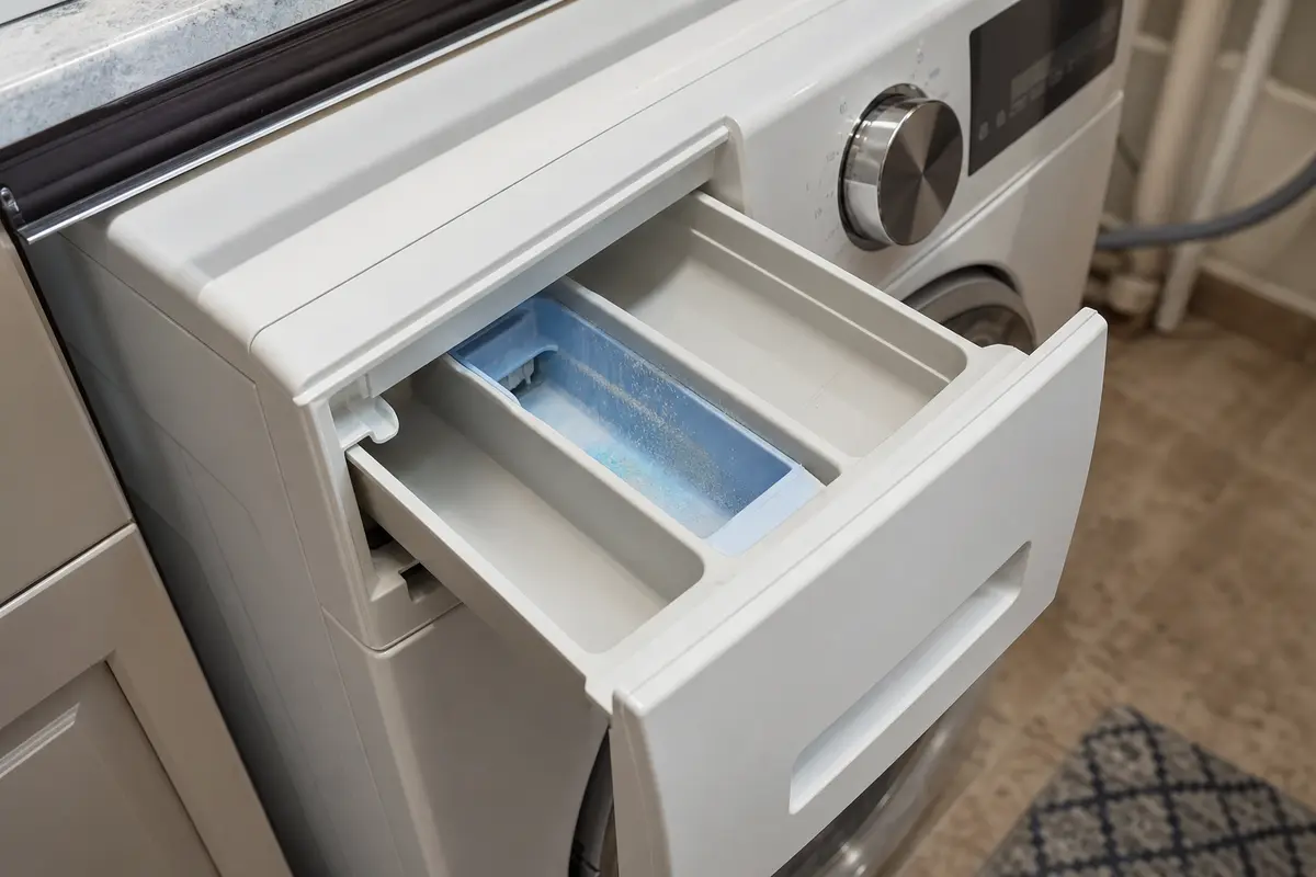Washer dispenser drawer pulled open with cloudy residue in the fabric softener cup
