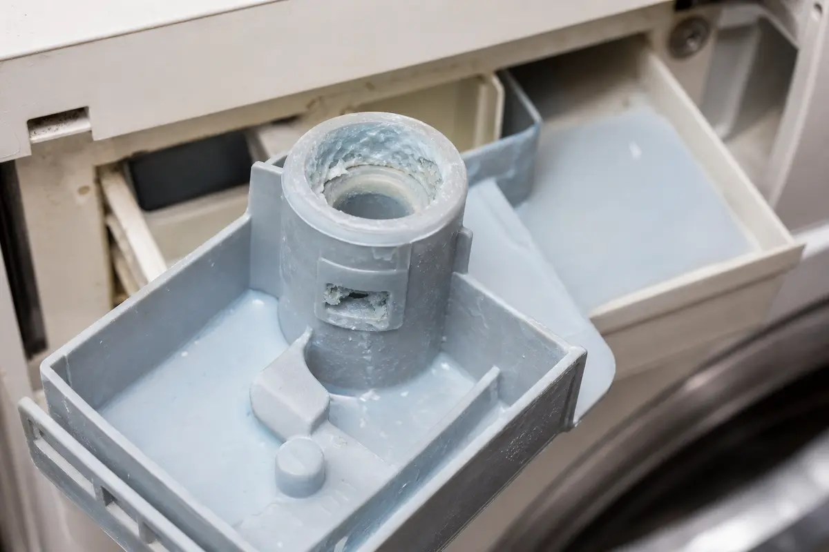 Fabric softener siphon cap with cloudy buildup blocking the dispenser opening