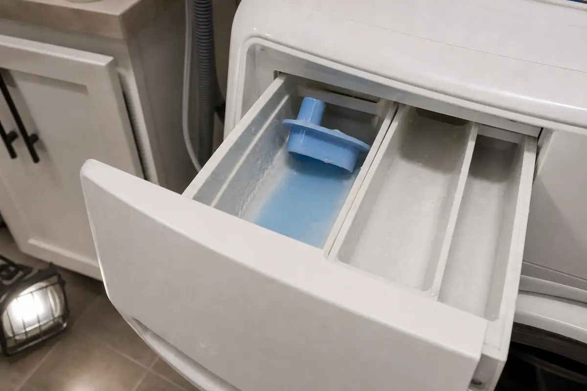 Washer softener compartment still holding blue liquid with the cap sitting out of place