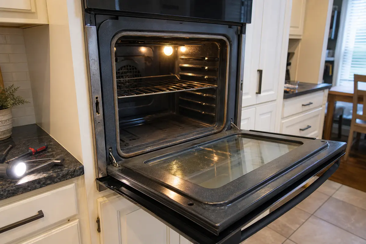 Whirlpool style oven with the door partly open for F5E1 latch position troubleshooting