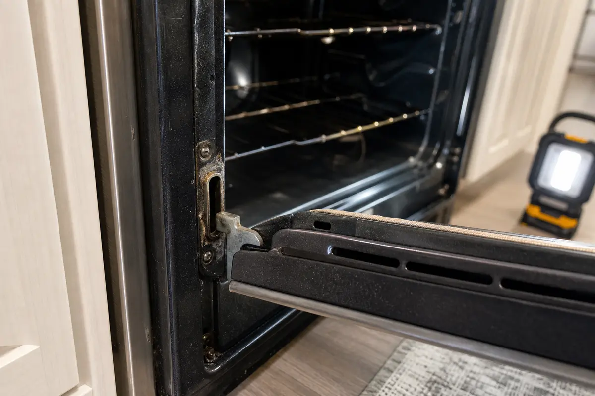Oven door strike and latch opening checked for F5E1 after the door does not line up square