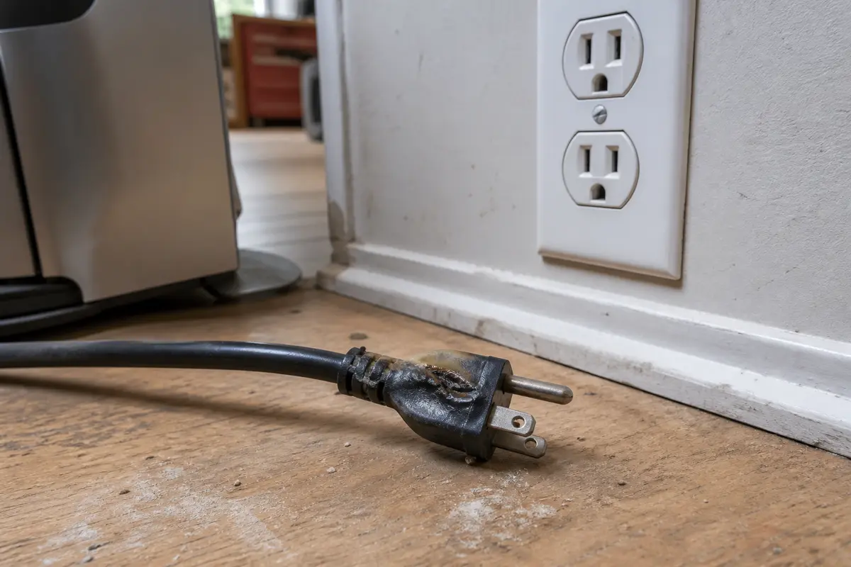 Unplugged appliance cord with heat damage near an outlet during breaker trip troubleshooting