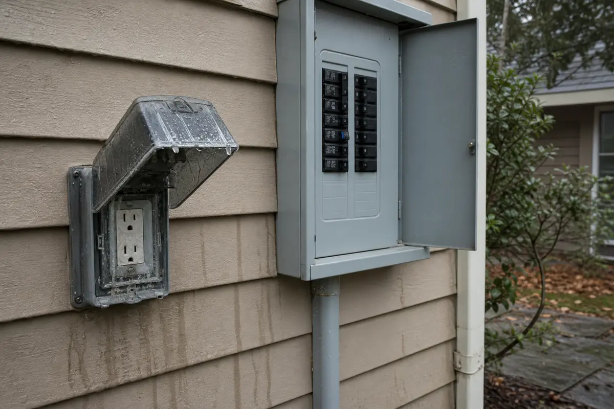 Outdoor breaker panel beside a rain-wet exterior receptacle cover