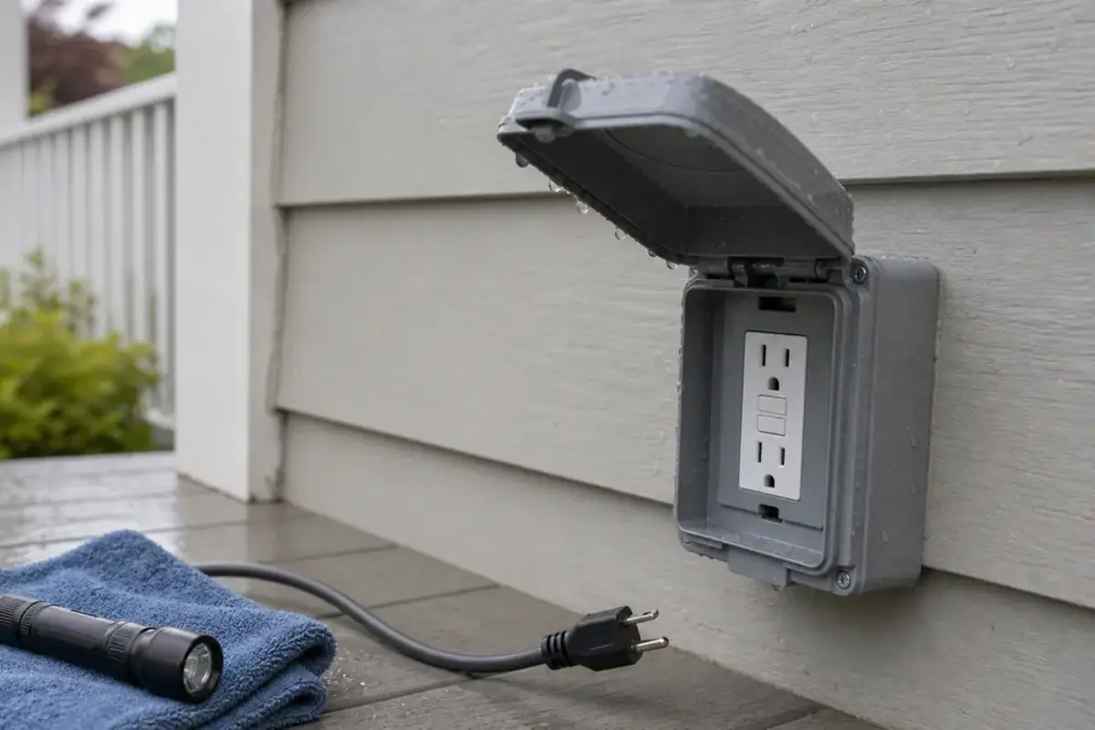 Wet outdoor GFCI cover with an unplugged cord after rain