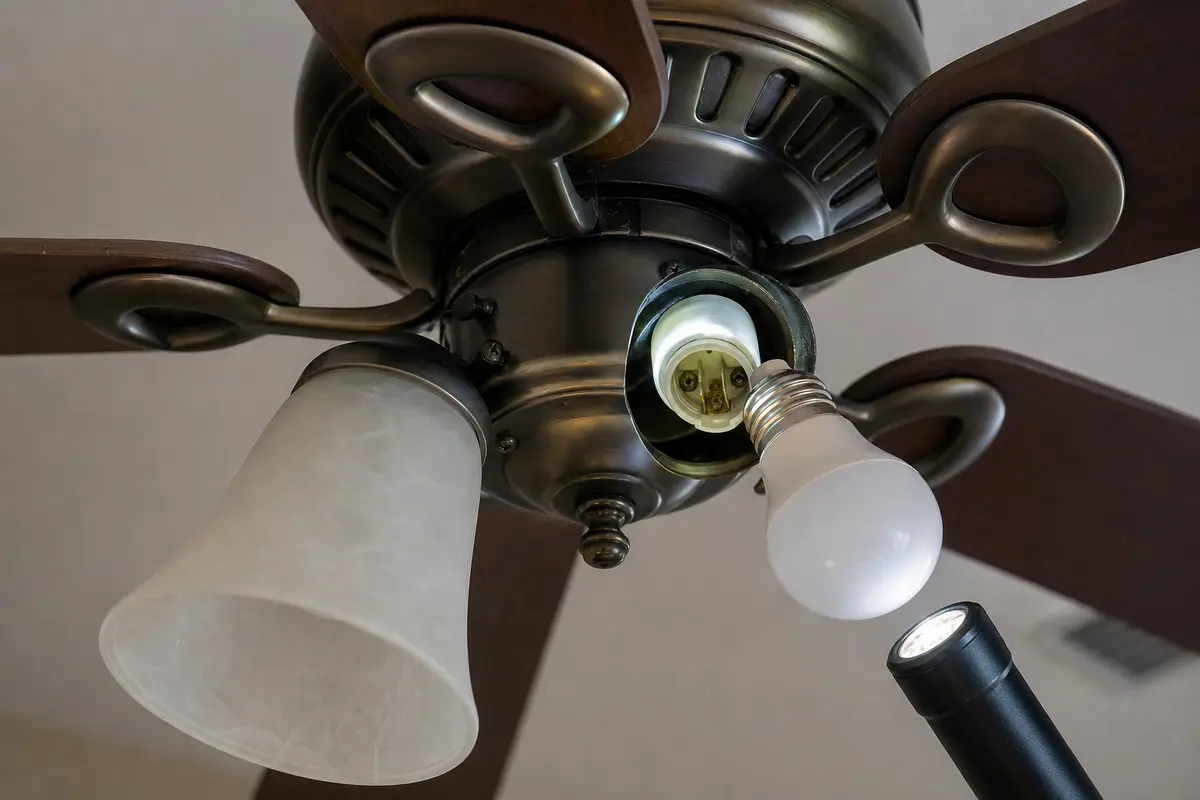 Ceiling fan light socket and bulb checked with power off