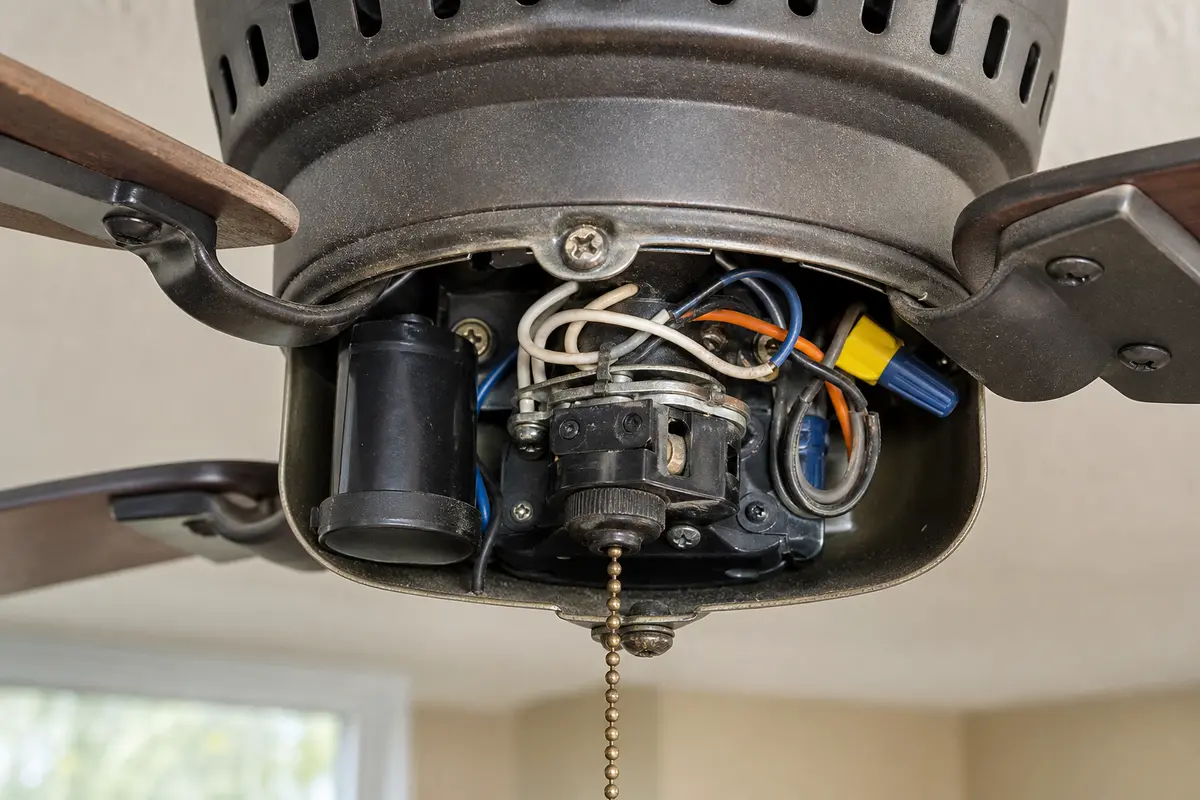 Open ceiling fan switch housing showing pull-chain switch and capacitor area