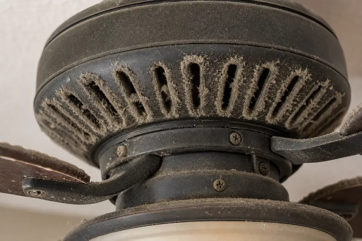 Dust packed in ceiling fan motor vents after hot smell