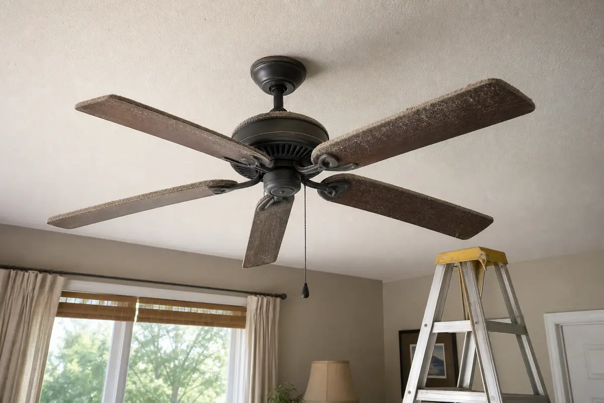 Dusty ceiling fan with a stable ladder nearby for a power-off burning smell inspection
