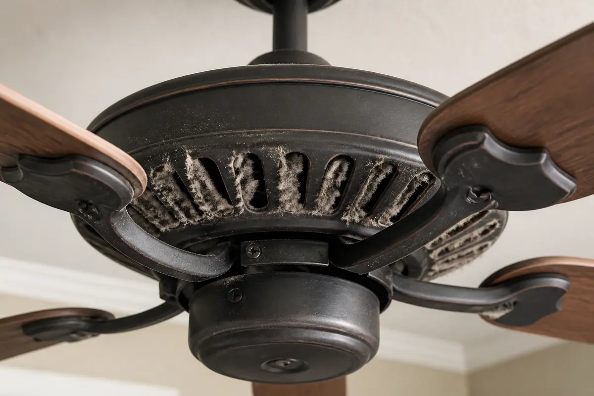 Ceiling fan motor housing vents packed with dust during burning smell diagnosis
