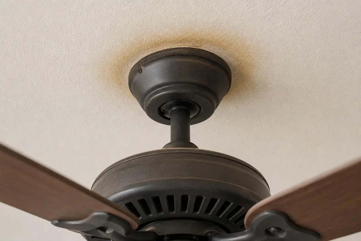 Heat staining near a ceiling fan canopy during burning smell inspection