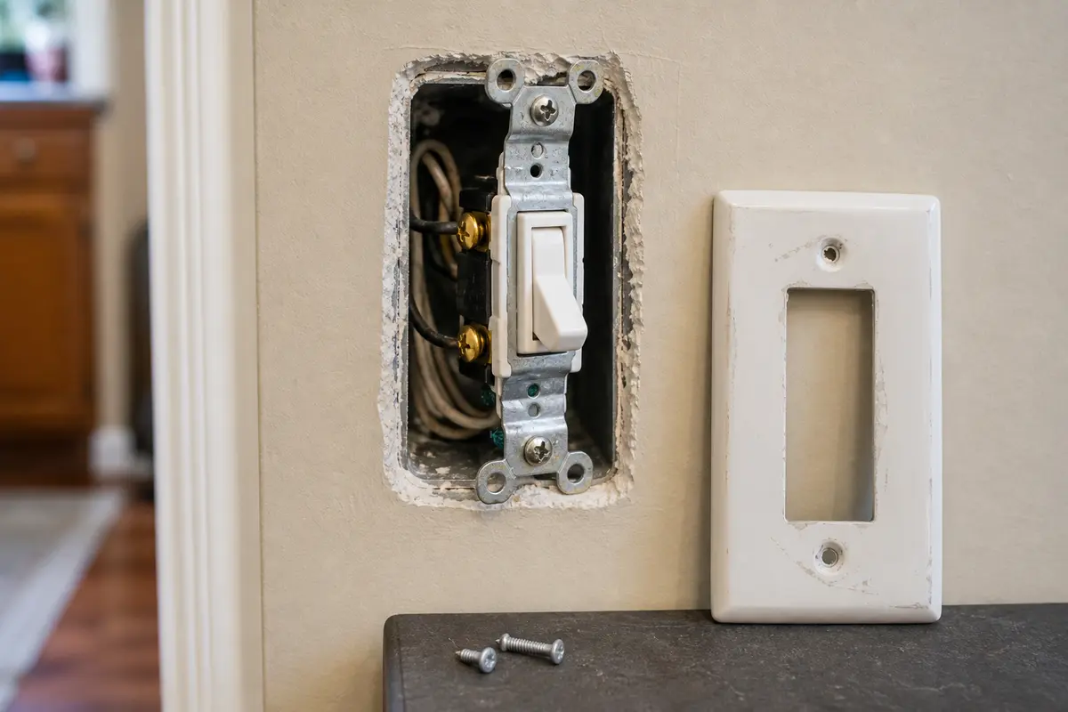 Light switch pulled from the wall for inspection only after the breaker is off