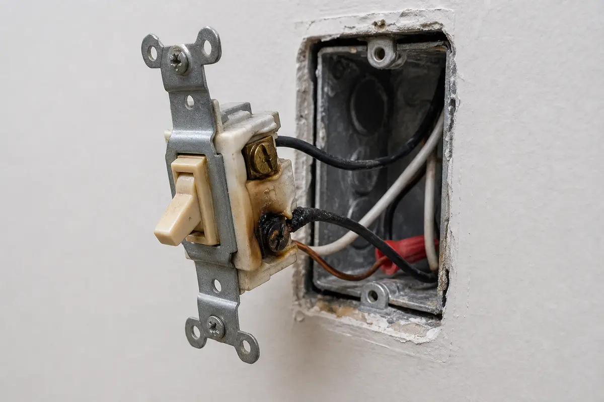 Light switch pulled forward after breaker shutoff for burning-smell heat damage inspection