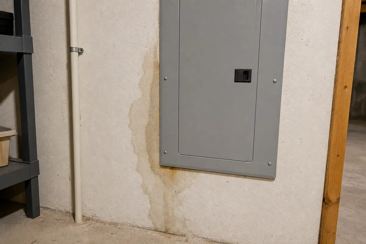 Moisture staining near a closed electrical panel during main breaker tripping diagnosis