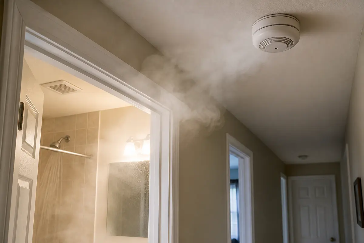 Steam drifting from a bathroom doorway toward a nearby hallway smoke detector