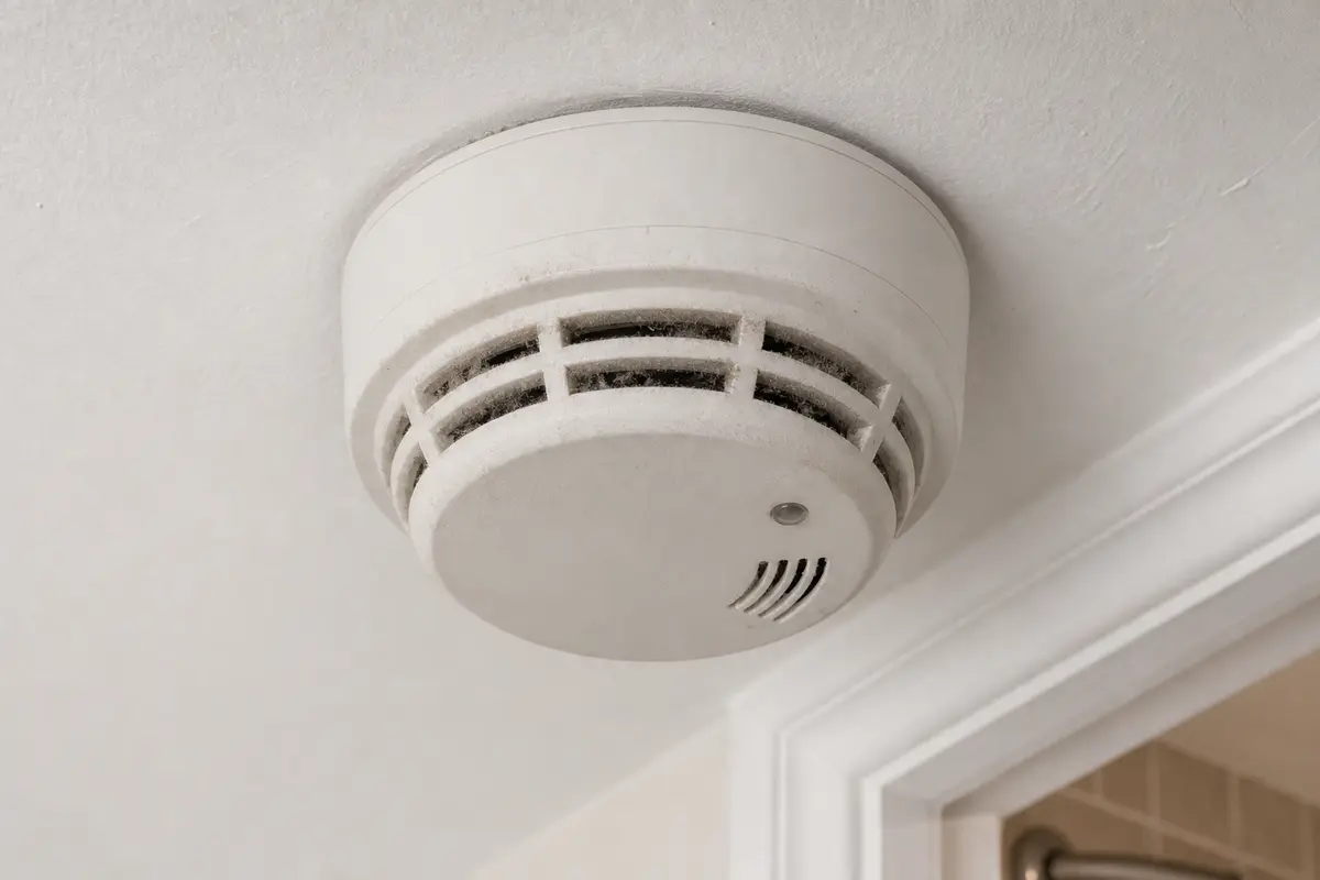 Dusty smoke detector mounted near a bathroom doorway after shower steam exposure
