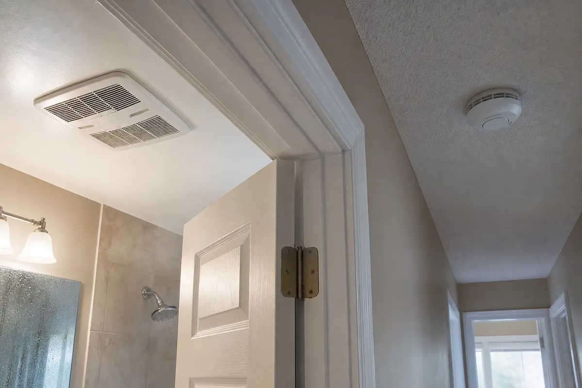 Bathroom fan and partly closed door used to keep shower steam away from a smoke detector