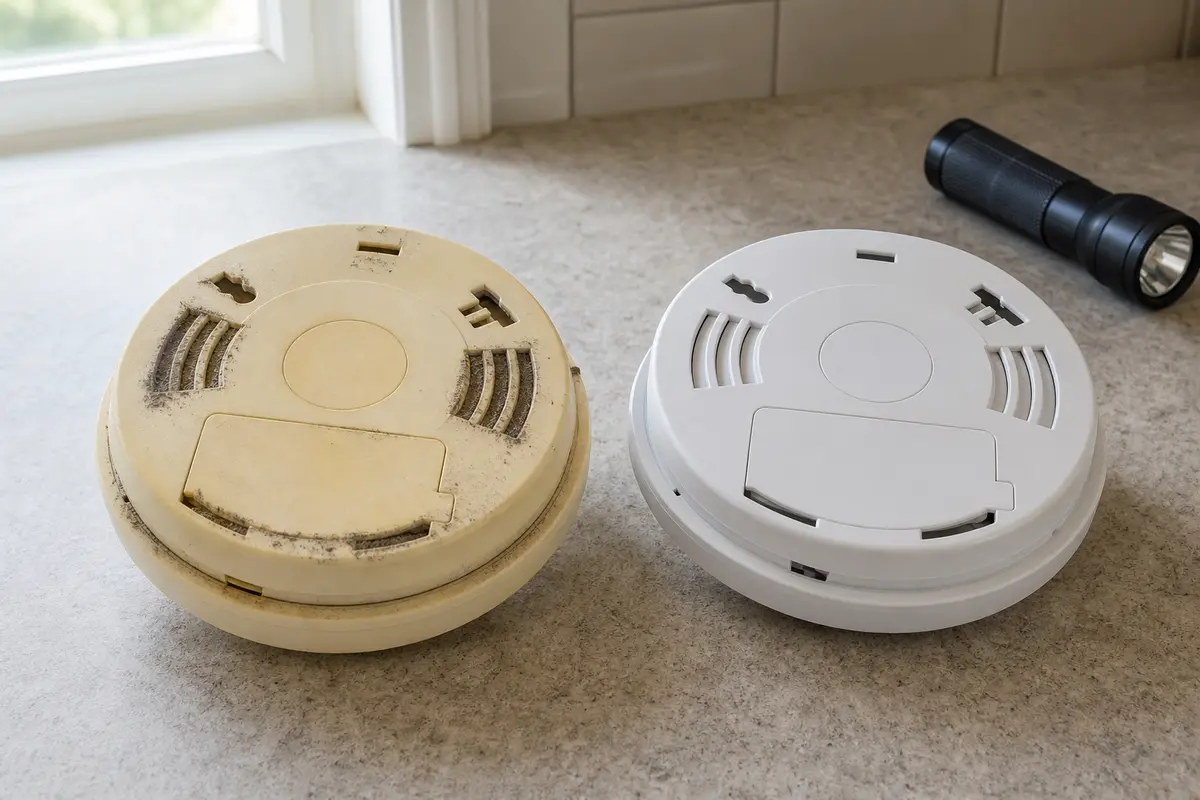 Yellowed smoke detector with dust packed in the vents during an age and condition check