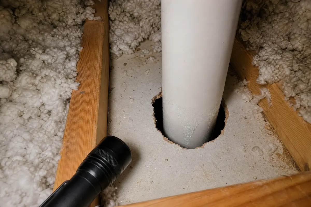 Open attic floor air gap around plumbing vent stack