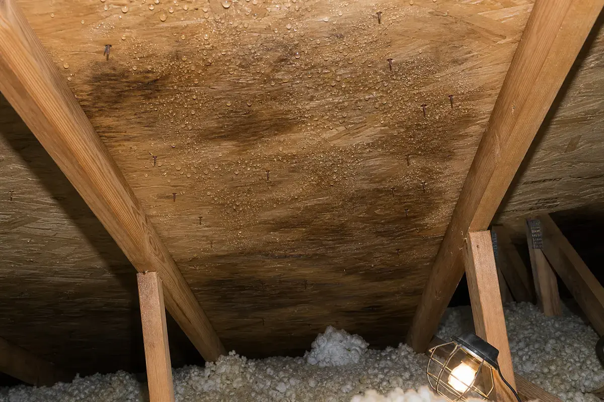 Condensation beads on attic roof deck above insulation