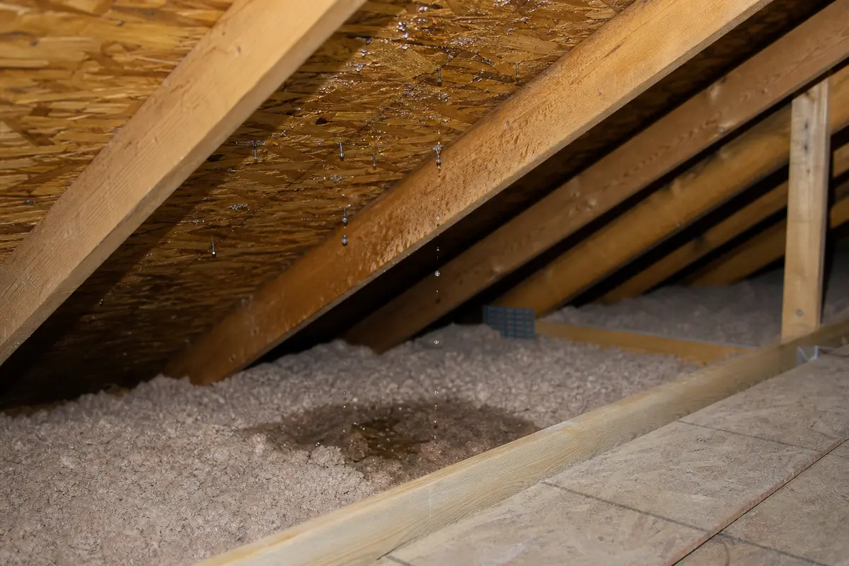 Water dripping from attic roof sheathing onto loose insulation