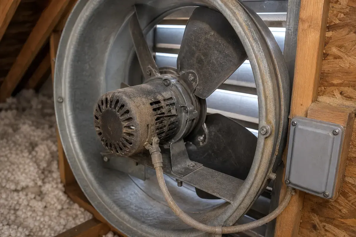 Dusty powered attic fan motor checked for bearing noise clues
