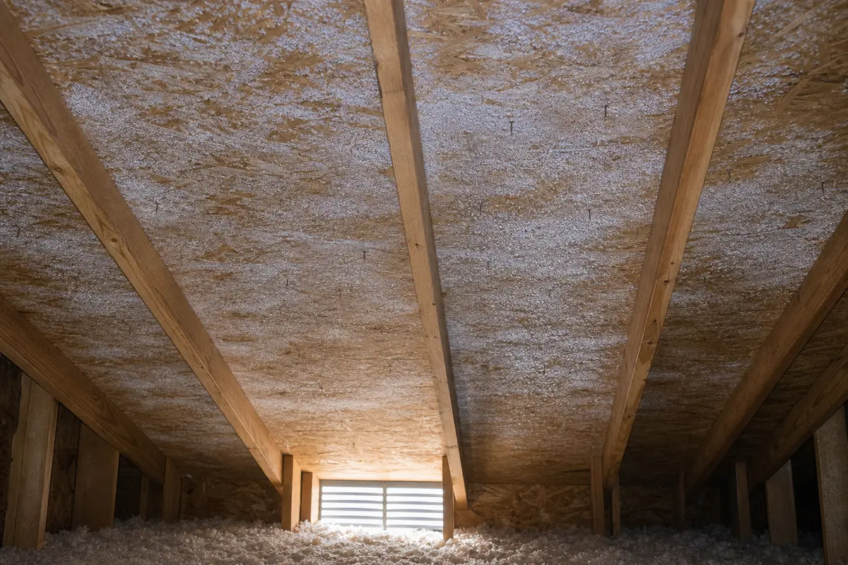 Attic roof sheathing with light frost spread near rafters