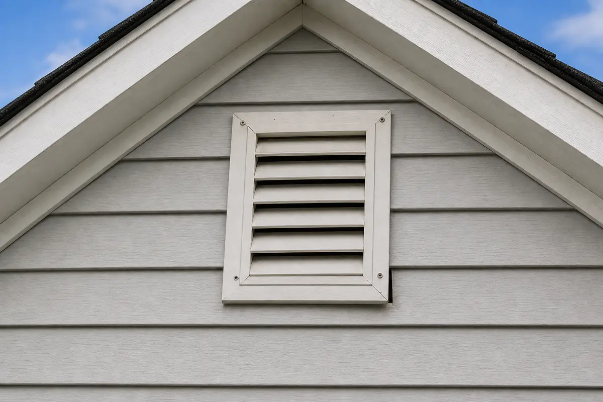 Exterior gable vent with a loose corner that can let wind-driven snow enter