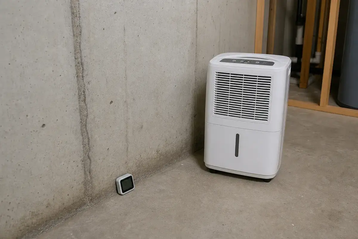 Basement dehumidifier and hygrometer near a cold foundation wall