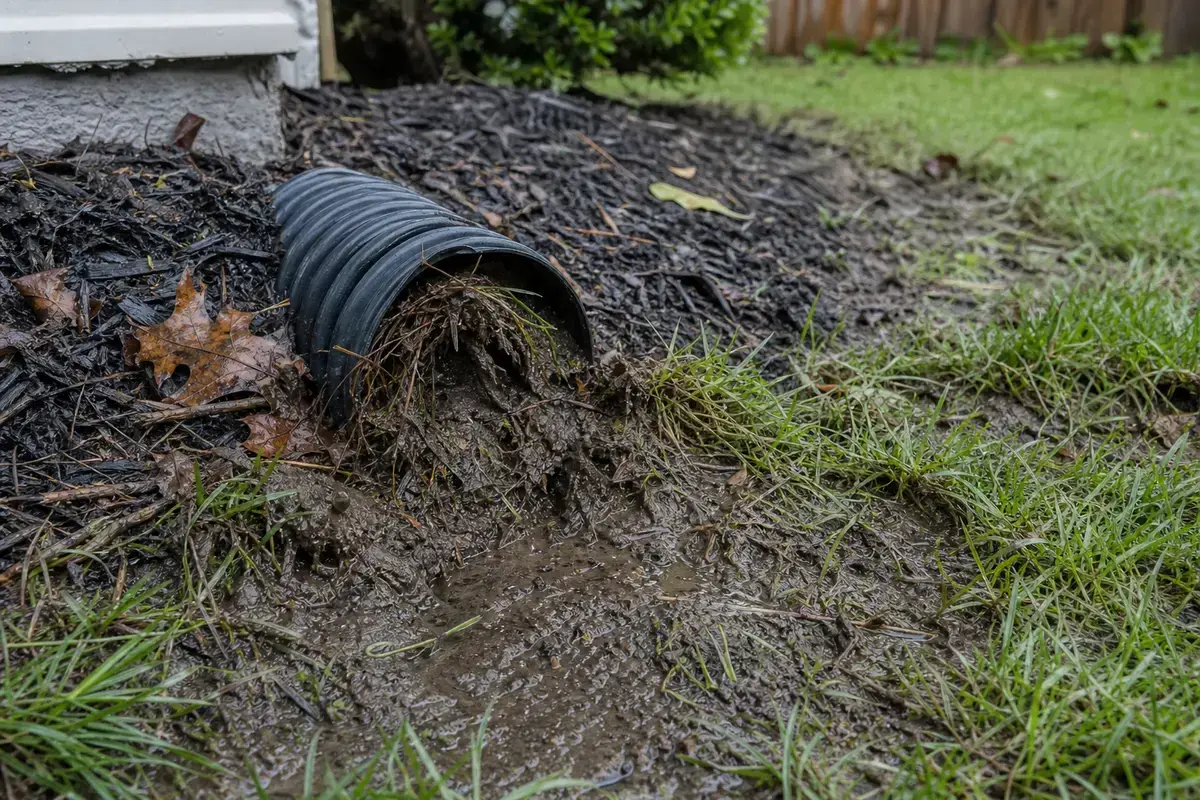 Downspout discharge near a foundation linked to basement floor water