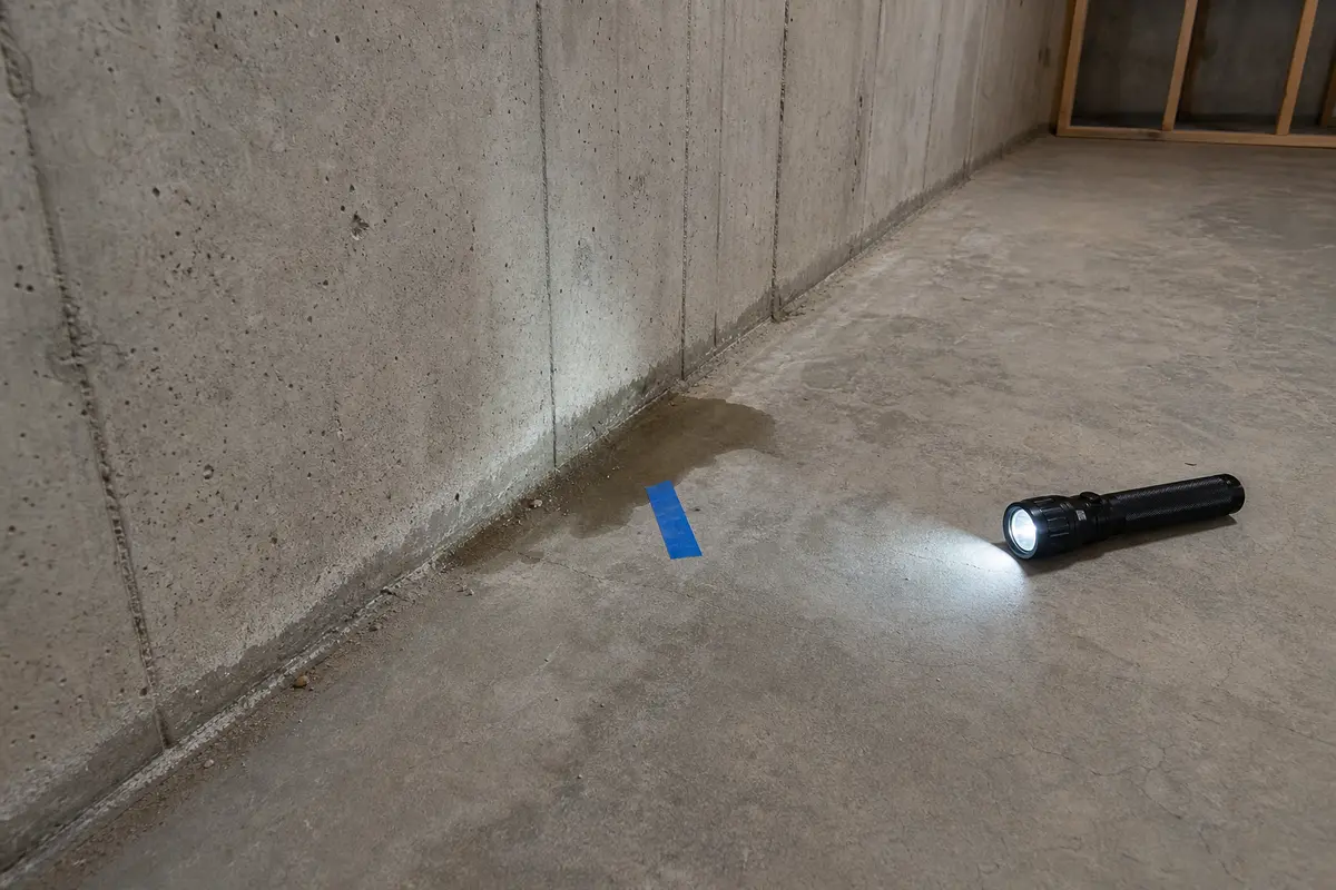 Small wet mark at a basement wall-floor edge used to locate the first wet point